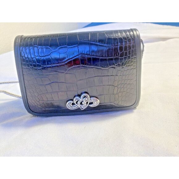 Brighton Boxy Black Croc Leather Silver Chain Strap Crossbody Bag 8.5 x 6 x 3" - Picture 1 of 16